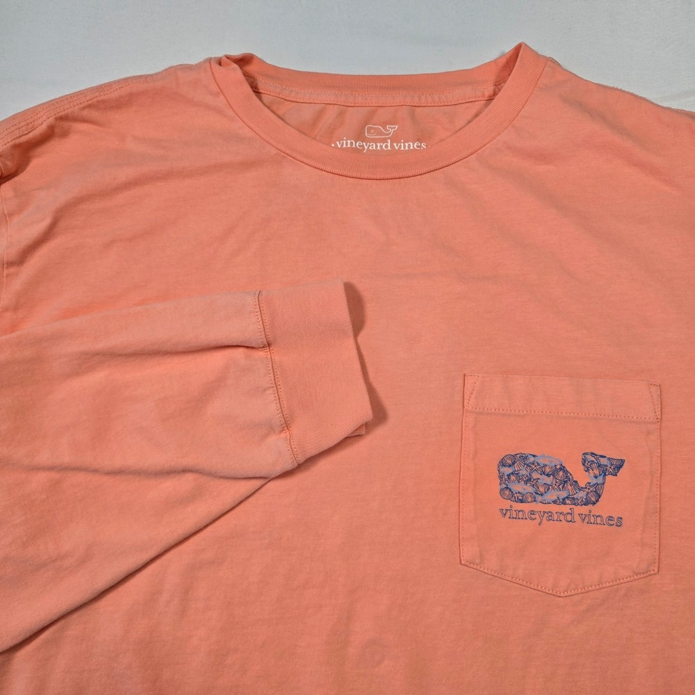 Vineyard Vines Mens‎ Large Coral Orange Shell Whale Long Sleeve Pocket T-Shirt